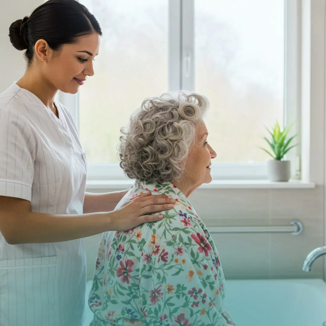 Cuidadora apoya a adulto mayor previo a la hora del baño.